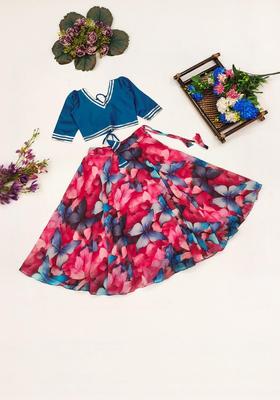 Blue Embellished Georgette Lehenga Set For Girls