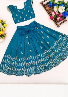 Blue Embroidered Silk Lehenga Set For Girls