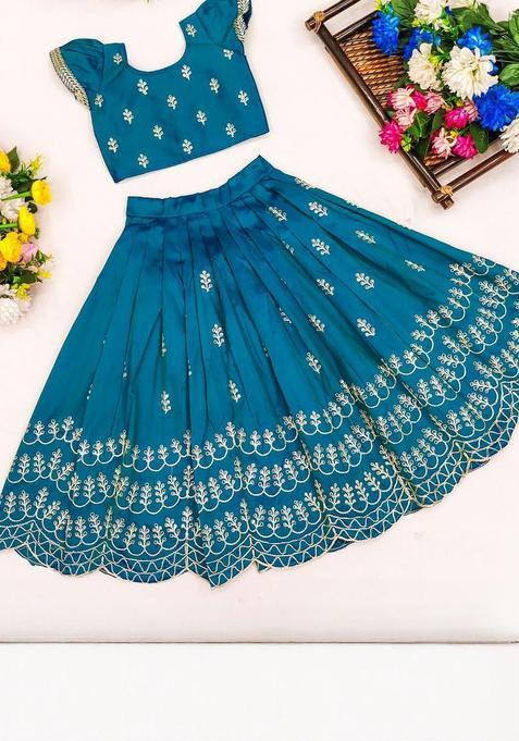 Blue Embroidered Silk Lehenga Set For Girls — view on Indya