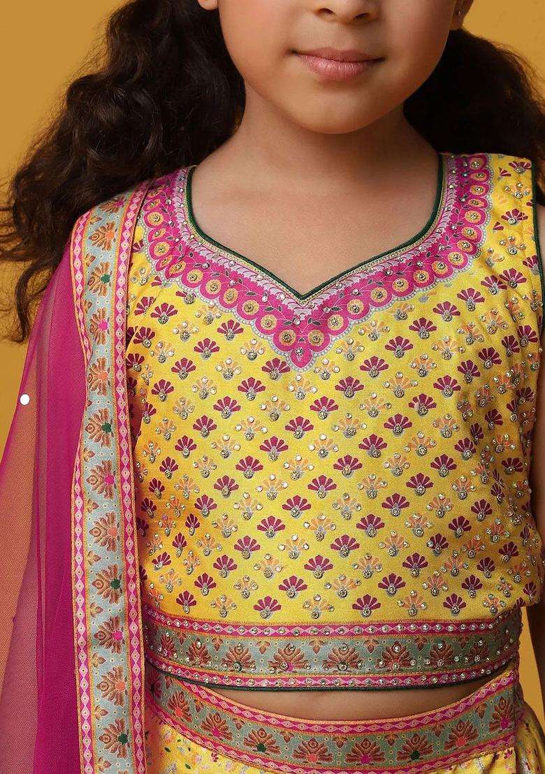 Pink Embroidered Silk Lehenga Set For Girls - Indya