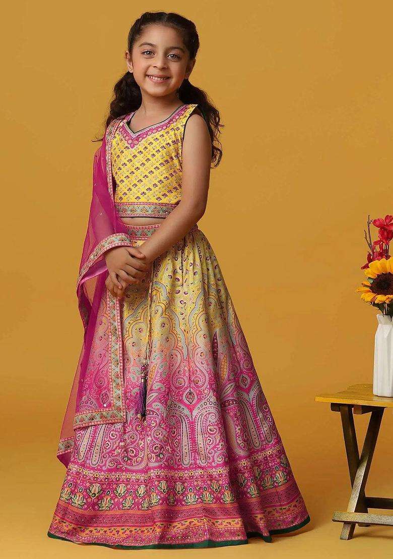 Pink Embroidered Silk Lehenga Set For Girls - Indya