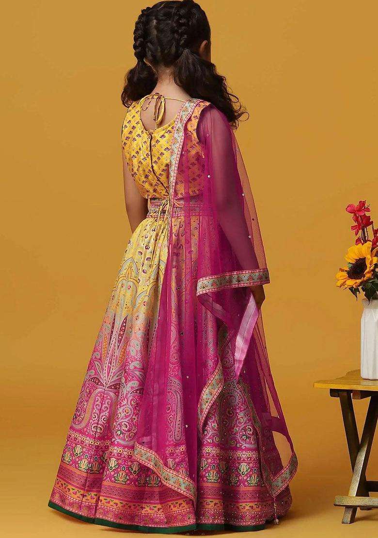 Pink Embroidered Silk Lehenga Set For Girls - Indya