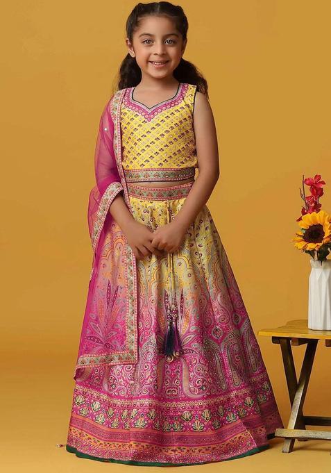 Pink Embroidered Silk Lehenga Set For Girls — view on Indya