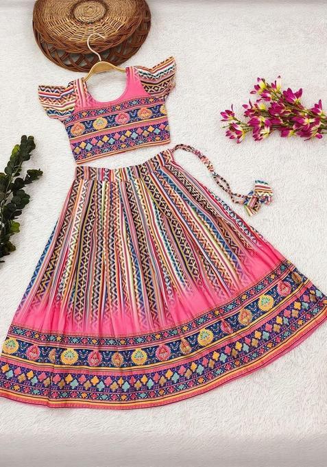Red Printed Viscose Lehenga Set For Girls — view on Indya