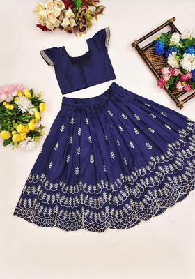 Blue Embroidered Silk Lehenga Set For Girls