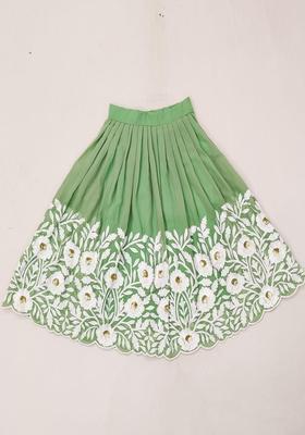 Green Embroidered Silk Lehenga Set For Girls