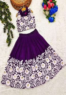 Purple Embroidered Silk Lehenga Set For Girls