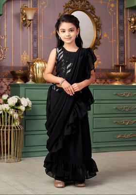 Black Printed Silk Lehenga Set For Girls