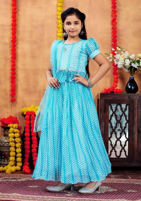 Blue Printed Silk Lehenga Set For Girls — view on Indya