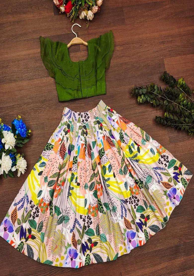 Orange Solid Viscose Lehenga Set For Girls - Indya