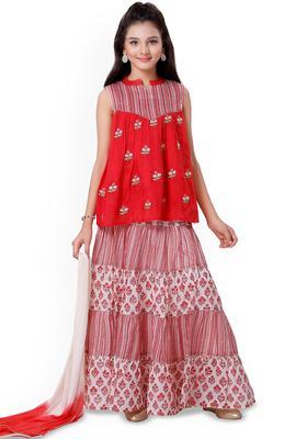 Red Printed Polyester Lehenga Set For Girls