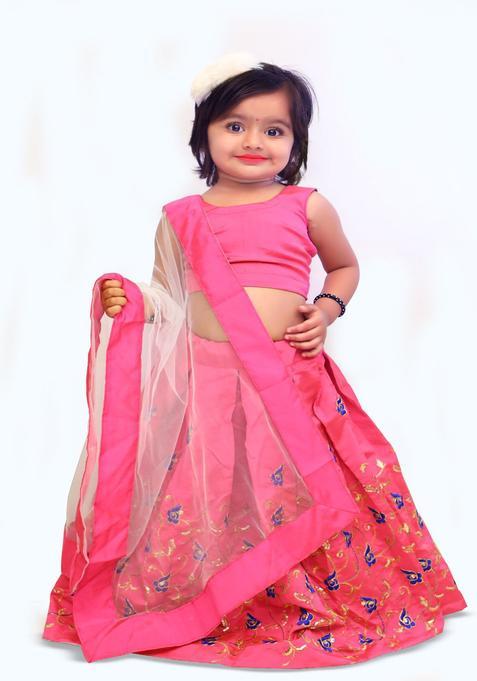 Pink Solid Silk Lehenga Set For Girls — view on Indya