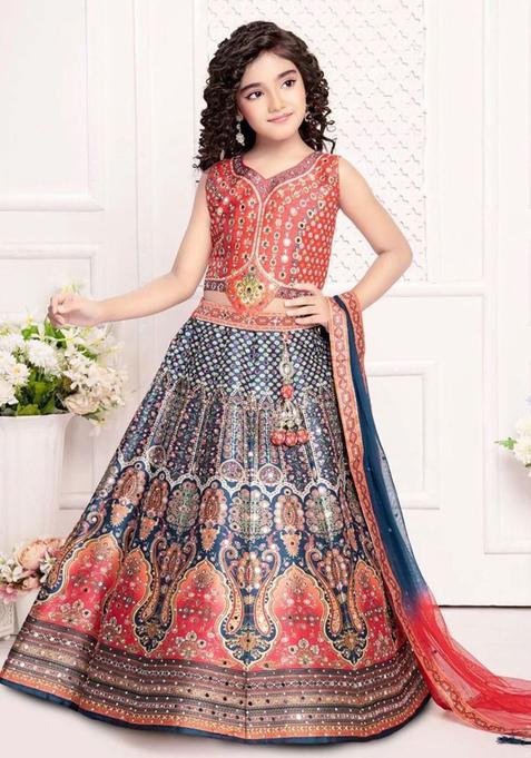 Red Printed Silk Lehenga Set For Girls — view on Indya