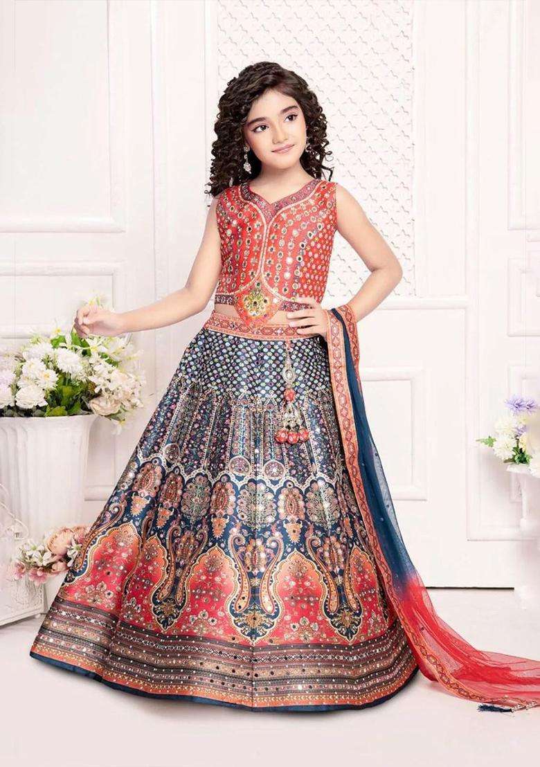 Orange Printed Silk Lehenga Set For Girls - Indya