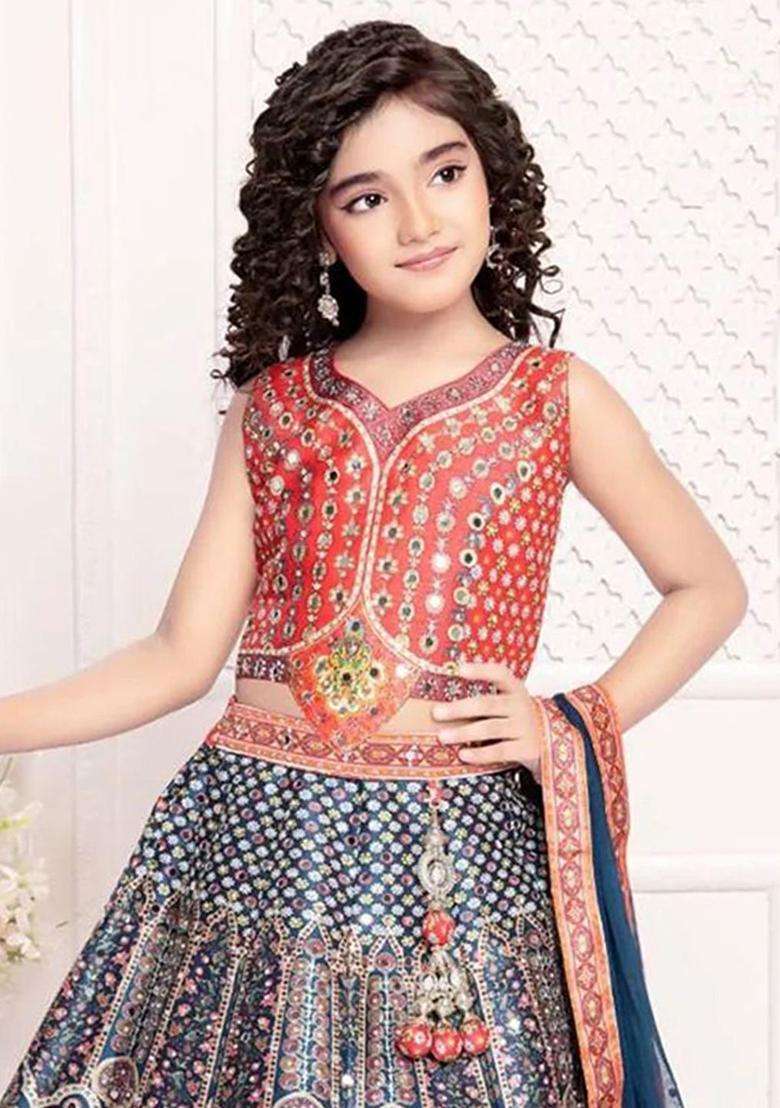 Orange Printed Silk Lehenga Set For Girls - Indya