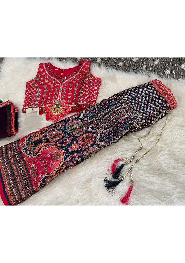 Orange Printed Silk Lehenga Set For Girls - Indya