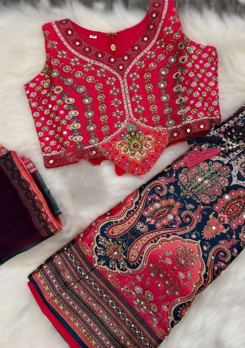 Orange Printed Silk Lehenga Set For Girls - Indya
