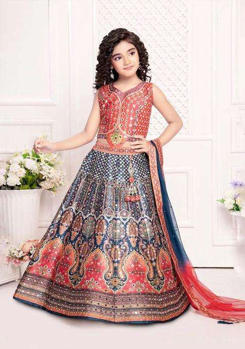 Orange Printed Silk Lehenga Set For Girls