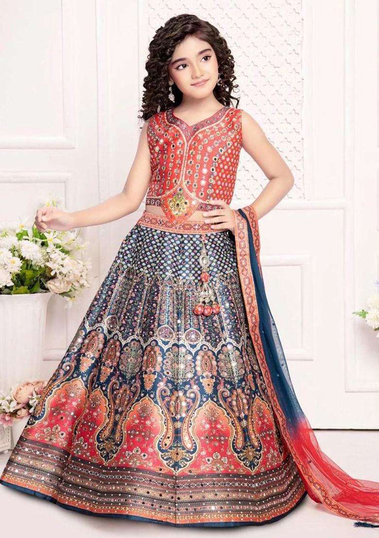 Red Printed Silk Lehenga Set For Girls - Indya