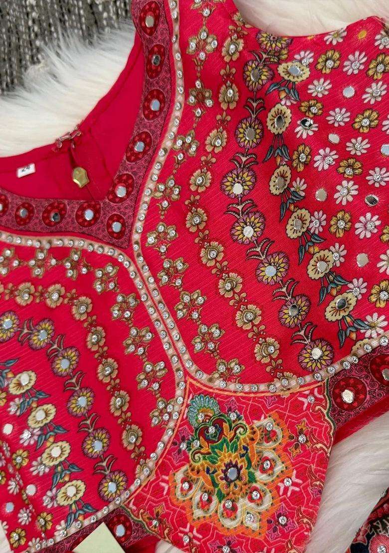 Red Printed Silk Lehenga Set For Girls - Indya