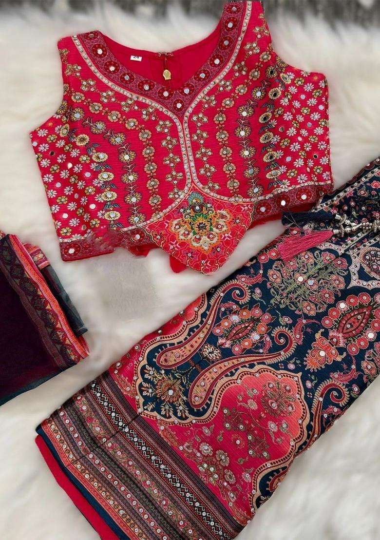 Red Printed Silk Lehenga Set For Girls - Indya