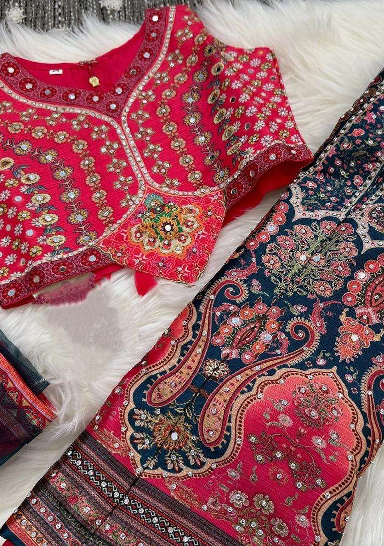 Red Printed Silk Lehenga Set For Girls - Indya
