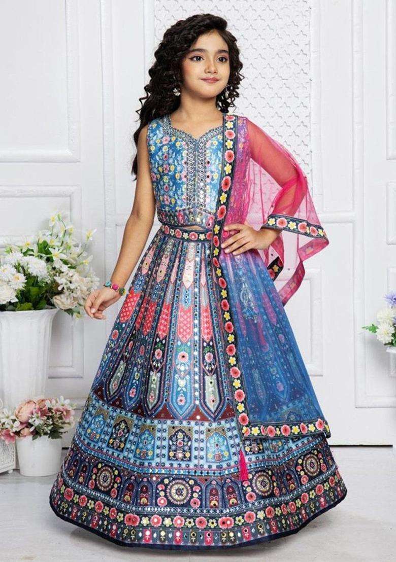 Blue Printed Silk Lehenga Set For Girls - Indya