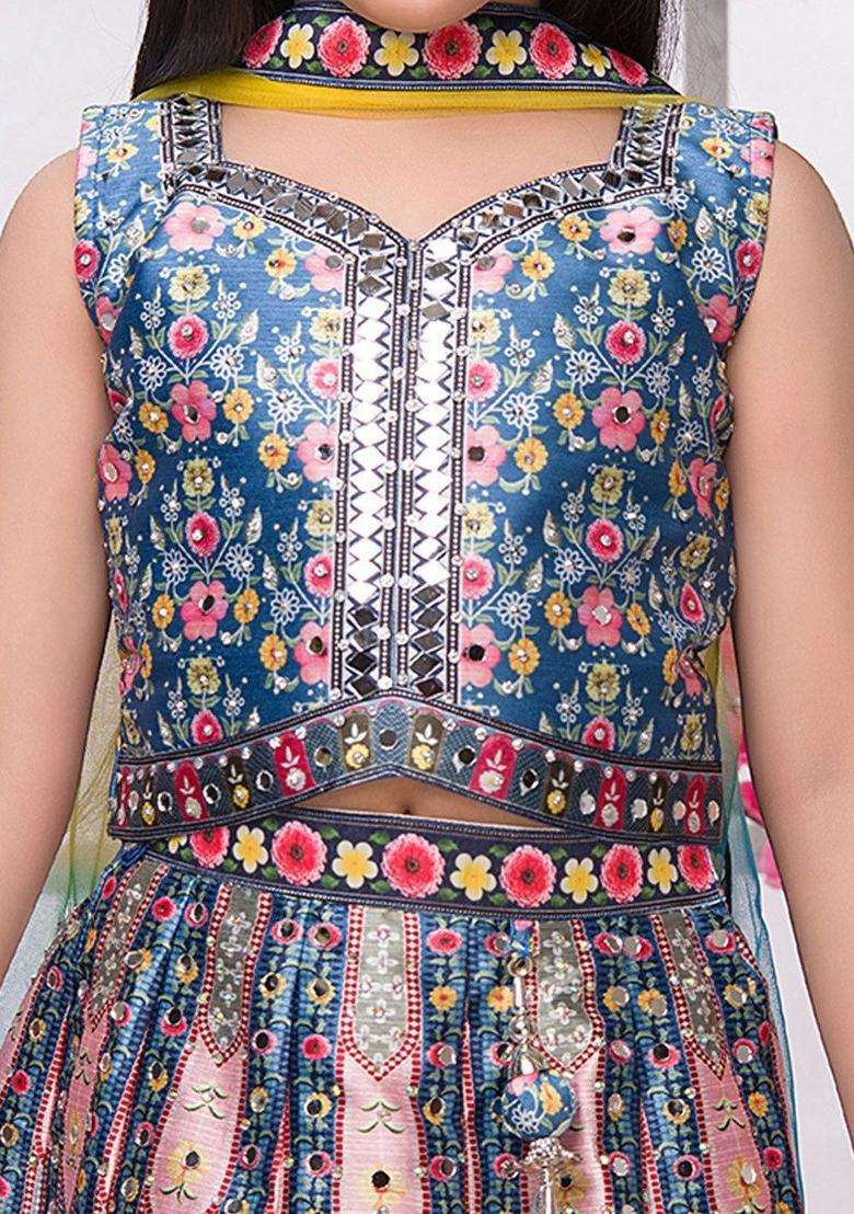 Blue Printed Silk Lehenga Set For Girls - Indya