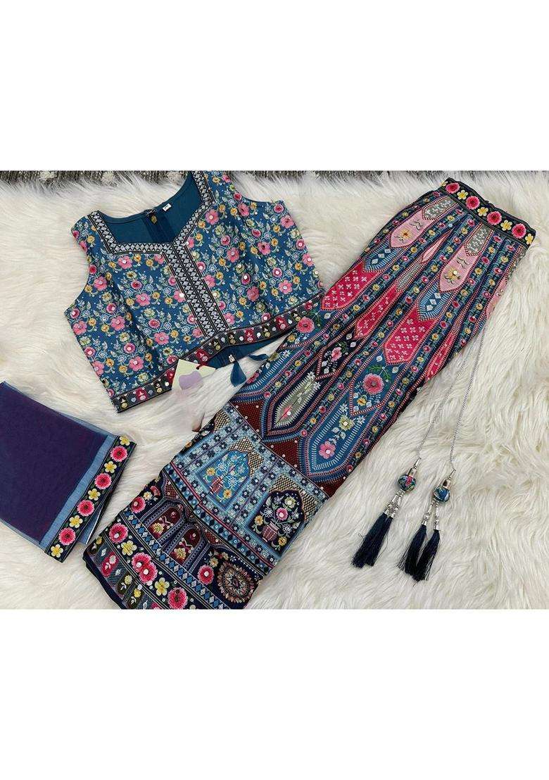 Blue Printed Silk Lehenga Set For Girls - Indya