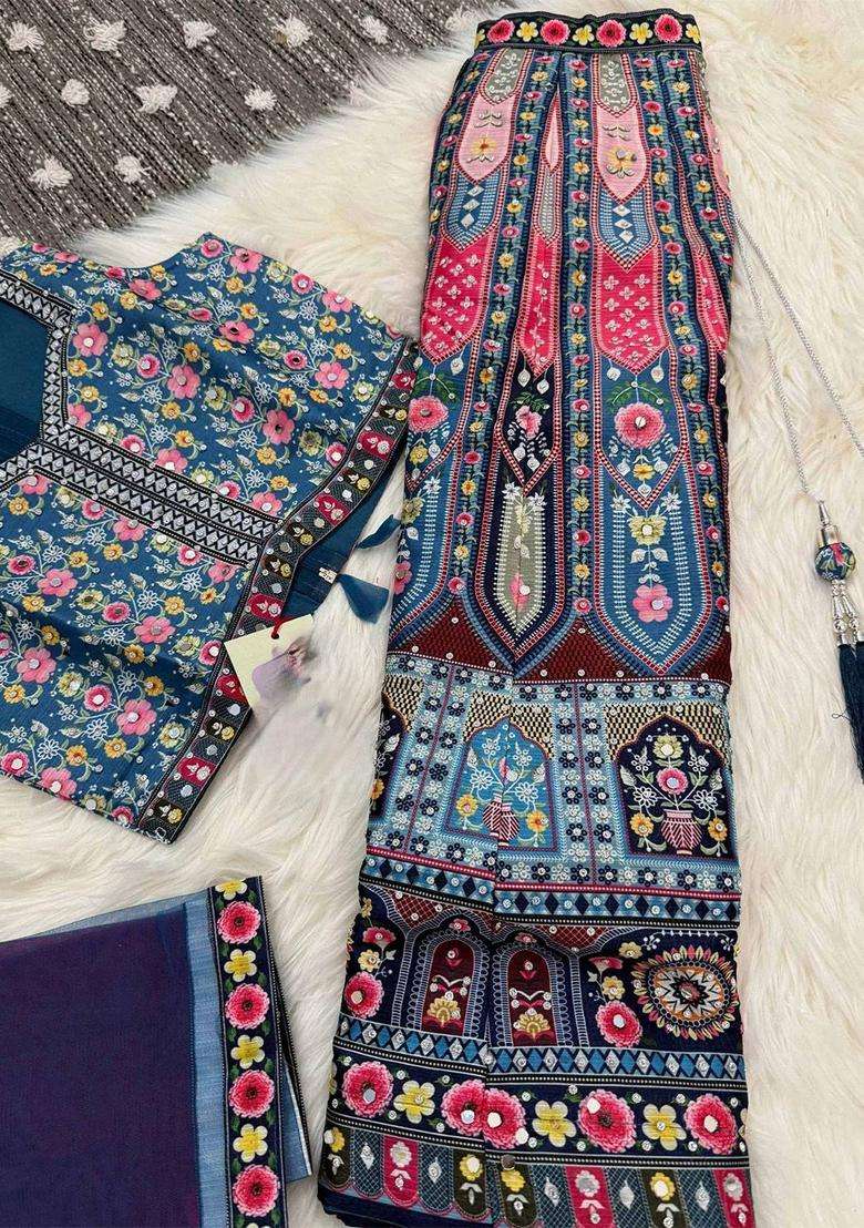 Blue Printed Silk Lehenga Set For Girls - Indya