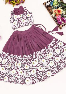 Purple Embroidered Silk Lehenga Set For Girls