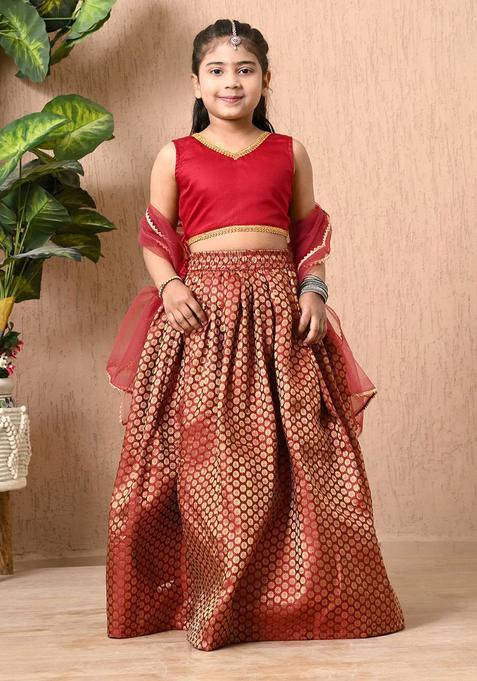 Maroon Embellished Silk Lehenga Set For Girls — view on Indya