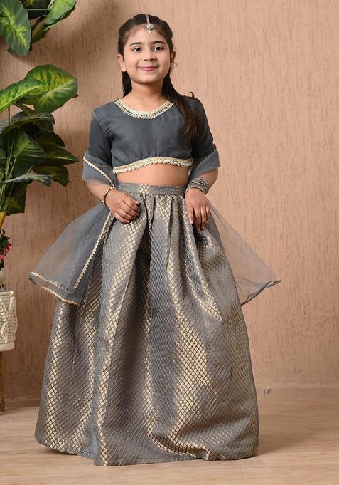Grey Embellished Silk Lehenga Set For Girls — view on Indya