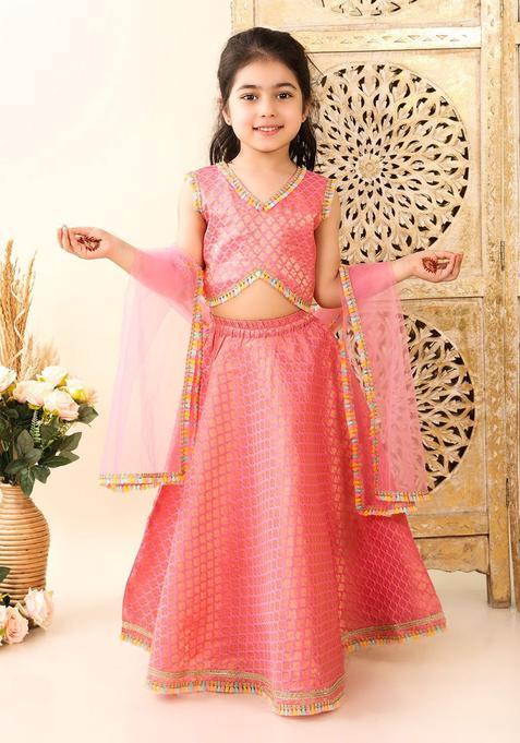 Pink Embellished Silk Lehenga Set For Girls — view on Indya