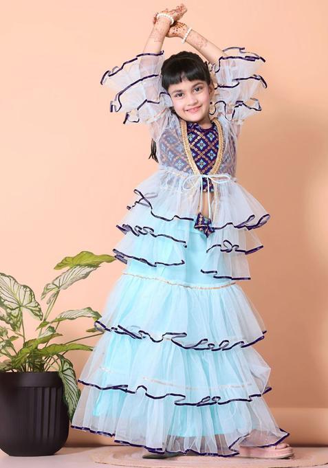Green Woven Design Net Lehenga Set For Girls — view on Indya