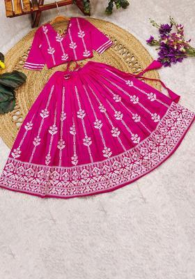 Pink Embroidered Silk Lehenga Set For Girls