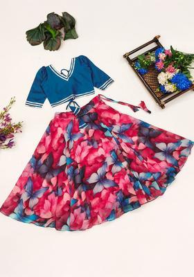Blue Embellished Georgette Lehenga Set For Girls