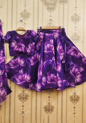 Purple Printed Silk Lehenga Set For Girls