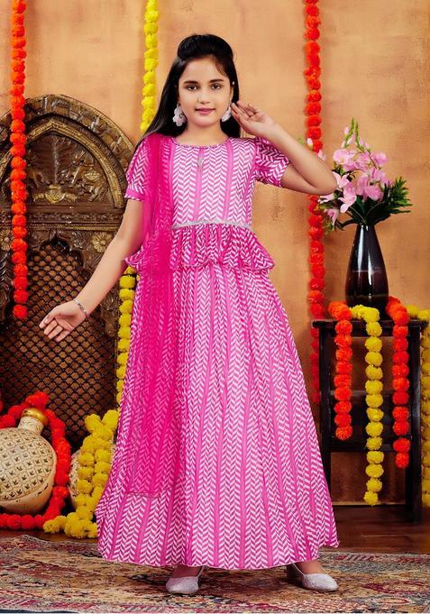 Pink Printed Georgette Lehenga Set For Girls — view on Indya