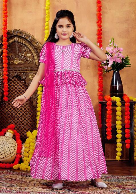 Pink Printed Georgette Lehenga Set For Girls — view on Indya