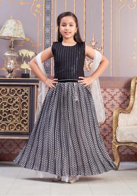 Black Embroidered Silk Lehenga Set For Girls