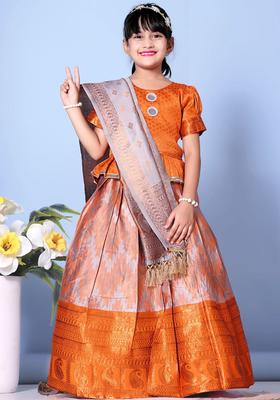 Orange Woven Design Silk Lehenga Set For Girls