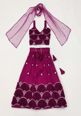 Purple Embroidered Organza Lehenga Set For Girls