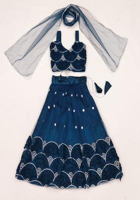 Blue Embroidered Organza Lehenga Set For Girls