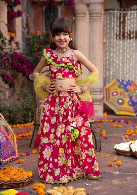 Pink Printed Cotton Lehenga Set For Girls — view on Indya