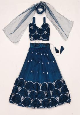 Blue Embroidered Organza Lehenga Set For Girls