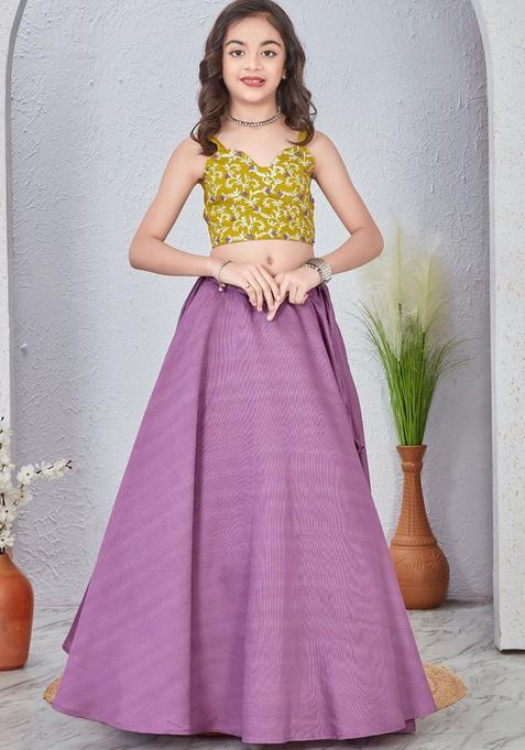 Green Embroidered Silk Lehenga Set For Girls — view on Indya