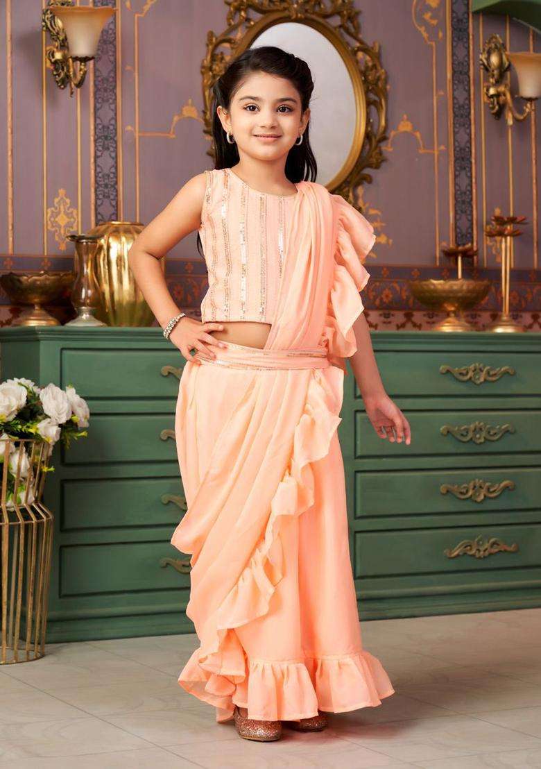 Peach Embellished Georgette Lehenga Set For Girls - Indya