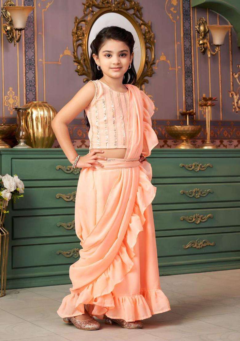 Peach Embellished Georgette Lehenga Set For Girls - Indya
