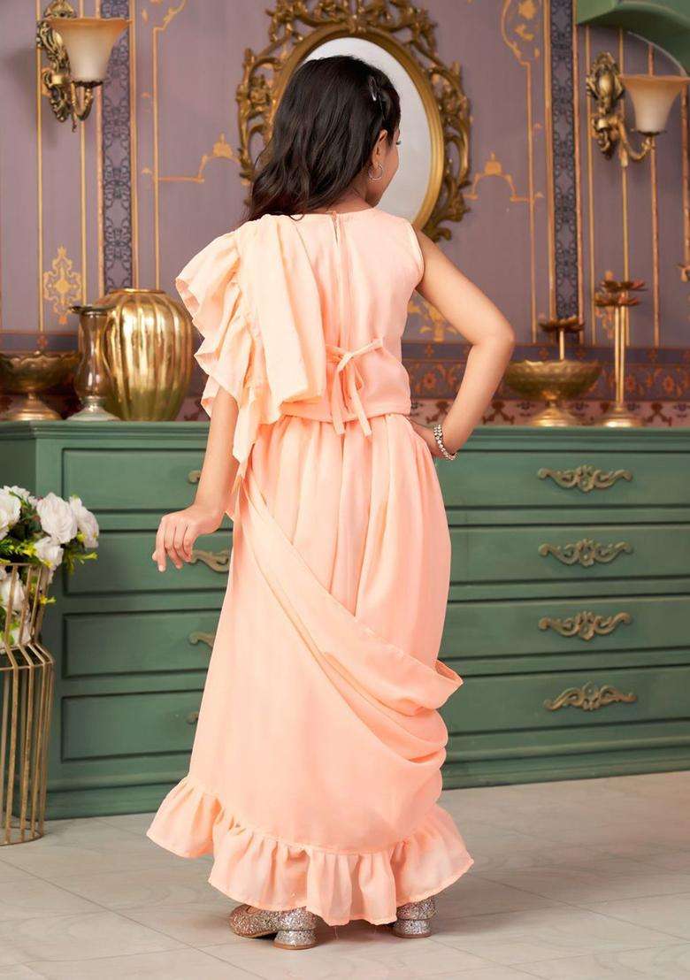Peach Embellished Georgette Lehenga Set For Girls - Indya